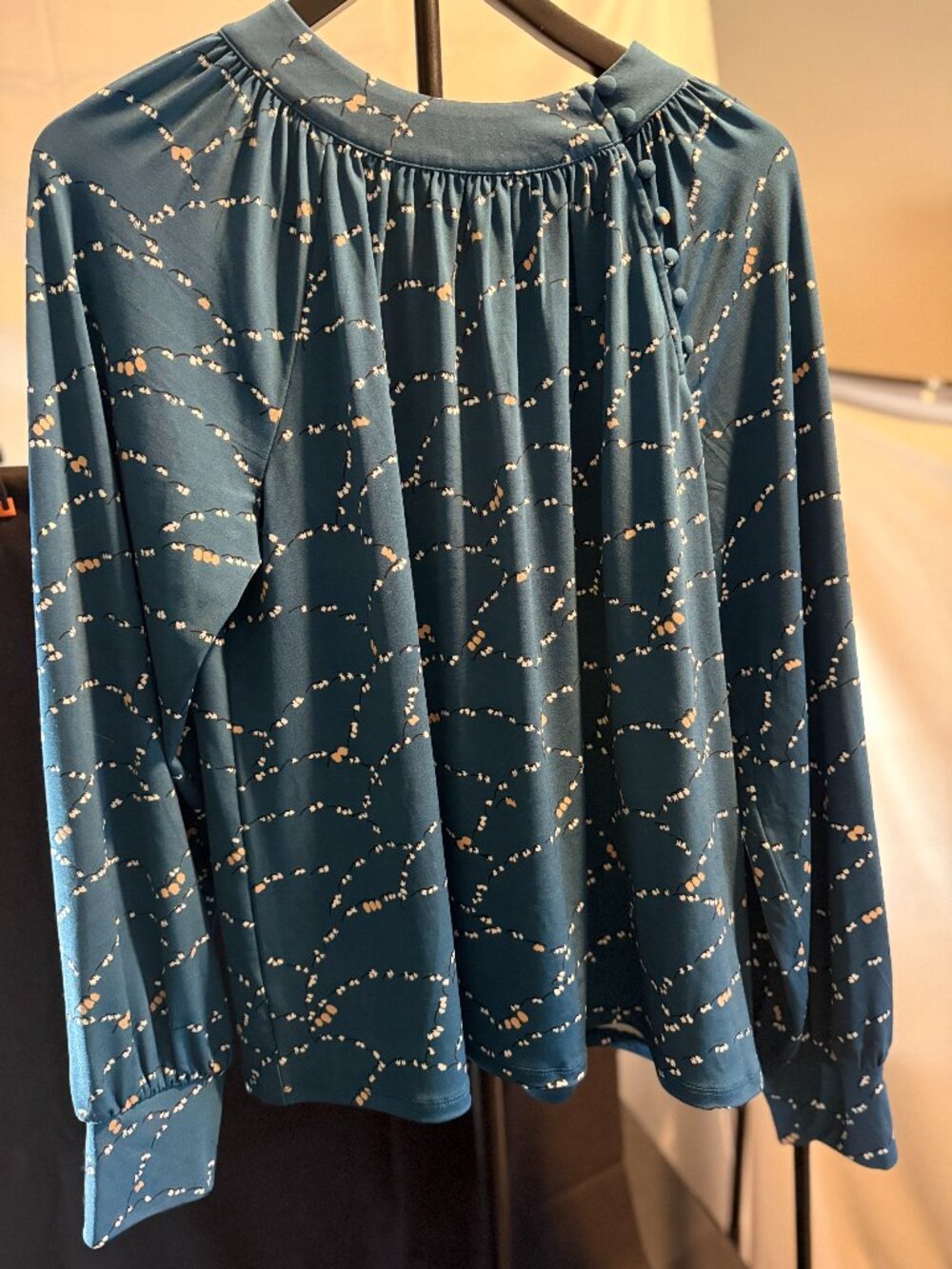 Ann Taylor Large Teal Floral Button Neck Blouse